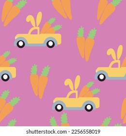 Cute Rabbit Carrot Truck Car, seamless pattern, vector illustration