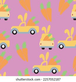 Cute Rabbit Carrot Truck Car, seamless pattern, vector illustration
