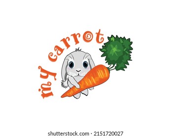 Cute Rabbit with Carrot Vector Cartoon illustration. Happy Easter Bunny, Smiley Cartoon Happy Rabbit Character isolated on White Background