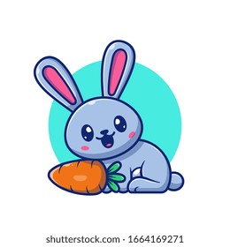 Cute Rabbit And Carrot Vector Icon Illustration. Bunny Logo Mascot Cartoon Character. Animal Logo Concept White Isolated. Flat Cartoon Style Suitable for Web Landing Page, Banner, Flyer, Sticker, Card