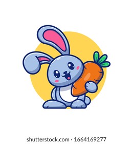 Cute Rabbit And Carrot Vector Icon Illustration. Bunny Logo Mascot Cartoon Character. Animal Logo Concept White Isolated. Flat Cartoon Style Suitable for Web Landing Page, Banner, Flyer, Sticker, Card