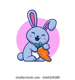 Cute Rabbit And Carrot Vector Icon Illustration. Bunny Logo Mascot Cartoon Character. Animal Logo Concept White Isolated. Flat Cartoon Style Suitable for Web Landing Page, Banner, Flyer, Sticker, Card