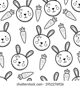 Cute rabbit and carrots black and white seamless pattern. Springtime background and coloring page with bunny. Easter vector illustration