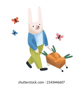 Cute rabbit with carrots. Funny bunny farmer with harvest on wheelbarrow. Childish character, fairytale animal on farm. Hare with vegetables. Flat vector illustration isolated on white background
