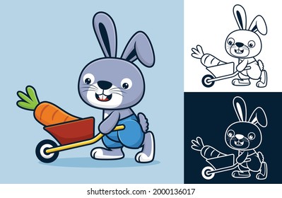 Cute rabbit carrying big carrot with wheelbarrow. Vector cartoon illustration in flat icon style