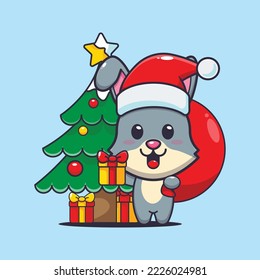 Cute rabbit carrying christmas gift. Cute christmas cartoon illustration. 