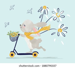 cute rabbit carrying flowers with scooter, children artworks, wallpapers and poster prints.