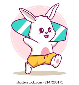 Cute rabbit carrying surfboard cartoon vector