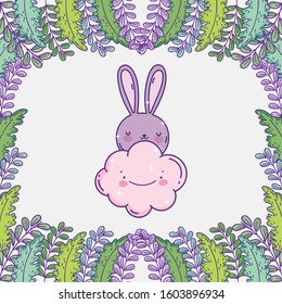 cute rabbit cartoon animal cloud foliage decoration vector illustration