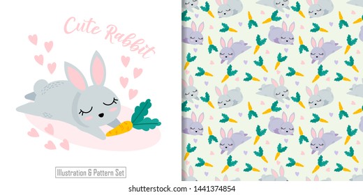 cute rabbit cartoon animal seamless pattern with illustration card set