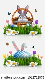 Cute rabbit cartoon with a basket and bunny ears in the grass