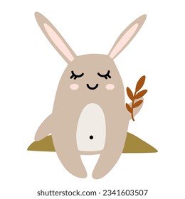 Cute rabbit. Cartoon Bunny character.  Happy autumn time. Hand drawn childish vector illustration.