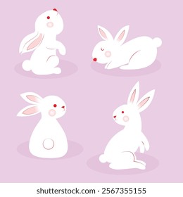 Cute Rabbit cartoon character design collection on a pink background. Vector illustration.