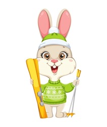 Cute Rabbit Cartoon Character. Funny Bunny Goes Skiing. Merry Christmas And Happy New Year, Year Of The Rabbit