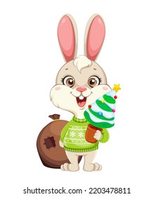 Cute Rabbit cartoon character. Funny bunny holding toy fir-tree. Merry Christmas and Happy New Year, year of the Rabbit