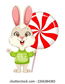 Cute Rabbit cartoon character. Funny bunny holding big candy. Merry Christmas and Happy New Year, year of the Rabbit.