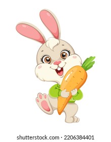 Cute Rabbit cartoon character. Funny bunny holding big carrot. Merry Christmas and Happy New Year, year of the Rabbit