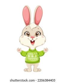Cute Rabbit cartoon character. Funny bunny in warm sweater. Merry Christmas and Happy New Year, year of the Rabbit