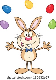 Cute Rabbit Cartoon Character Juggling With Easter Eggs. Vector Illustration Isolated on white