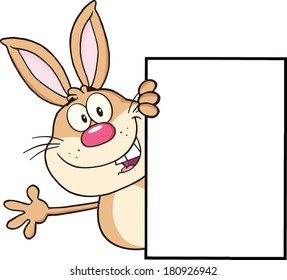 Cute Rabbit Cartoon Character Looking Around A Blank Sign And Waving. Vector Illustration Isolated on white