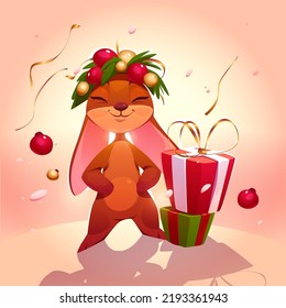Cute rabbit cartoon character symbol of new 2023 year. Funny xmas bunny wear Christmas wreath with spruce branches and decorative baubles, confetti and gift boxes. Vector winter holidays personage