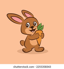Ilustración vectorial del personaje de la caricatura de conejo. Conejo gracioso con zanahoria. Hermoso. Feliz Día de Pascua. Pequeño conejo