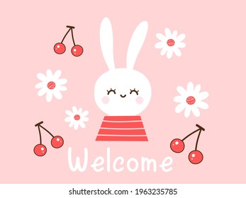 Cute rabbit cartoon, cherry fruit, daisy flower and hand written font on pink background vector illustration. Flat design for print.