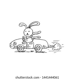 Cute rabbit cartoon driving car. Black and white.