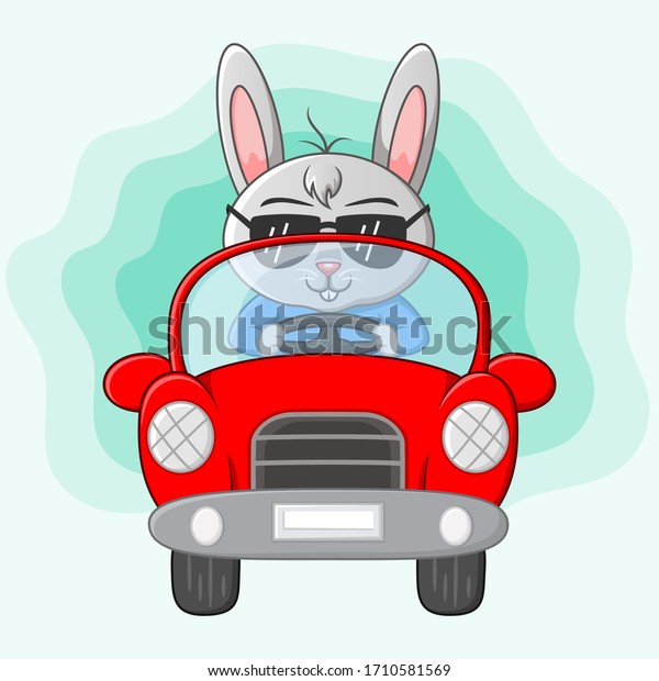 Cute rabbit cartoon driving\
a car