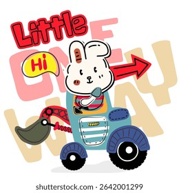 Cute rabbit cartoon driving a toy construction truck with 'one way' sign. Colorful children design. White background.
