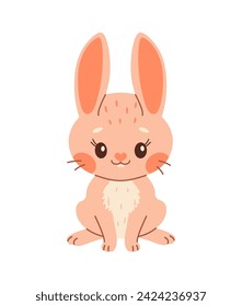 Cute rabbit. Cartoon easter Bunny. Pink rabbit. Kawaii bunny sitting, trendy color flat style Vector illustration.