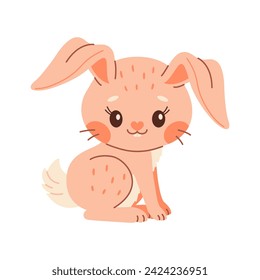 Cute rabbit. Cartoon easter Bunny. Pink rabbit. Kawaii bunny sitting, trendy color flat style Vector illustration.