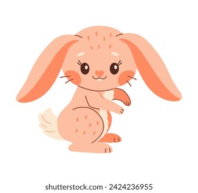 Cute rabbit. Cartoon easter Bunny. Pink rabbit. Kawaii bunny sitting, trendy color flat style Vector illustration.