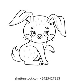Cute rabbit. Cartoon easter Bunny. Kawaii bunny sitting. Coloring page for kids and adults. Line art Vector illustration.