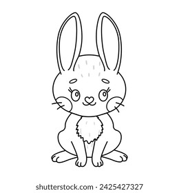 Cute rabbit. Cartoon easter Bunny. Kawaii bunny sitting. Coloring page for kids and adults. Line art Vector illustration.