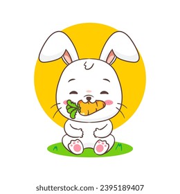 Cute rabbit cartoon eating carrot. Adorable bunny character. Kawaii animal concept design. isolated white background. Mascot logo icon vector illustration