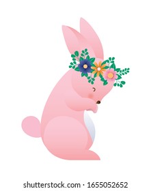 Cute rabbit cartoon with flowers crown design, Animal zoo life nature character childhood and adorable theme Vector illustration