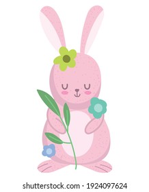 caricatura de conejo lindo con flores y ilustración vectorial de resorte hoja estilo aislado