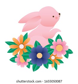 Cute rabbit cartoon with flowers and leaves design, Animal zoo life nature character childhood and adorable theme Vector illustration