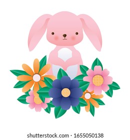 Cute rabbit cartoon with flowers and leaves design, Animal zoo life nature character childhood and adorable theme Vector illustration