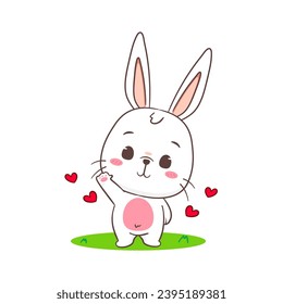 Cute rabbit cartoon greeting pose waving hand. Adorable bunny character. Kawaii animal concept design. isolated white background. Mascot logo icon vector illustration