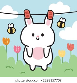 Der Cute-Kaninchen-Cartoon hängt an den Tuchlinien Dschungel und Himmelshintergrund.Farm-Tiercharakter Design.Biene, Blume, Wolke handgezeichnet.Bunny.Kawaii.Vector.Illustration.