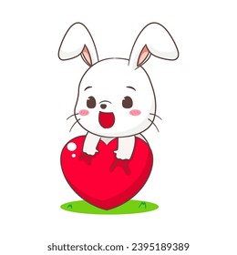 Cute rabbit cartoon holding love heart. Adorable bunny character. Kawaii animal concept design. isolated white background. Mascot logo icon vector illustration