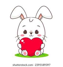 Cute rabbit cartoon holding love heart. Adorable bunny character. Kawaii animal concept design. isolated white background. Mascot logo icon vector illustration