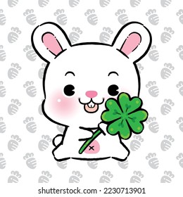 Cute Rabbit Cartoon, Rabbit Holding Lucky Four Leaf Clover, Lucky Animals, Doodle cartoon style.