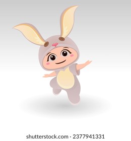 Conejo Cute Con Ilustración Vector De Icono De Caricatura. Concepto de disfraces de mascota de oso mate Vector Premium aislado. Estilo de dibujo plano
