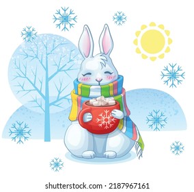 Cute rabbit cartoon illustration, funny hare as symbol of the new year 2023. Winter landscape with sweet bunny wearing scarf under snow with a cup of hot cocoa in paws. Chinese new year sign design fo