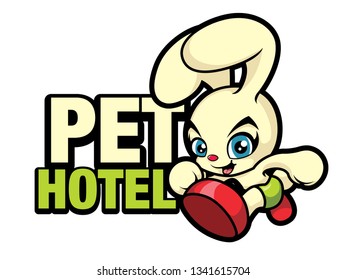 Cute rabbit cartoon mascot running with pet hotel logo - vector mascot