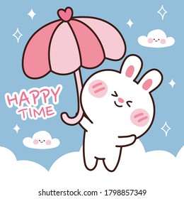 Cute rabbit cartoon sky background Animal character design Happy time text Baby bunny Kawaii Vetor Illustration 