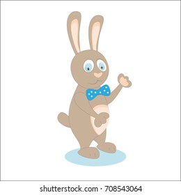 cute rabbit cartoon on white waving good bye. wearing a bow. vector